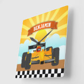 Geel Oranje Race Auto Gepersonaliseerde Naam Kinde Vierkante Klok (Hoek)