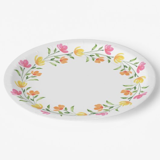 Geel, Oranje, Roze Aquarel Bloemenkrans  Papieren Bordje (Gekanteld)