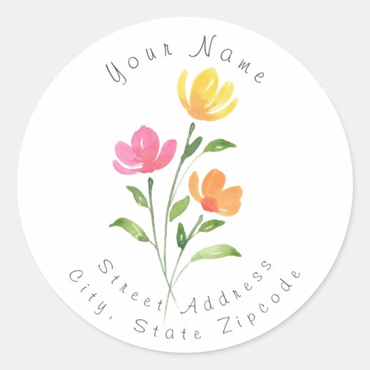 Geel Oranje Roze Waterverf Floral Stems Etiket (Voorkant)