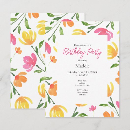 Geel Oranje Roze Waterverf Floral Stems Patroon Kaart (Voorkant / Achterkant)