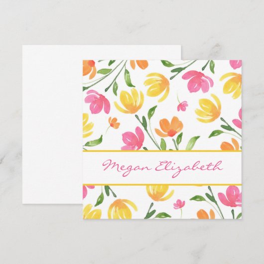 Geel Oranje Roze Waterverf Floral Stems Patroon Notitiekaartje (Voorkant / Achterkant)