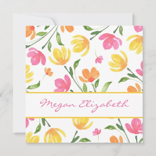 Geel Oranje Roze Waterverf Floral Stems Patroon Notitiekaartje (Voorkant)