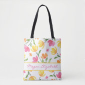 Geel Oranje Roze Waterverf Floral Stems Patroon Tote Bag (Voorkant)