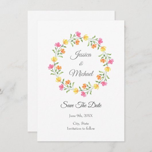 Geel, Oranje, Roze Waterverf Kreukspiegel Save The Date (Voorkant / Achterkant)