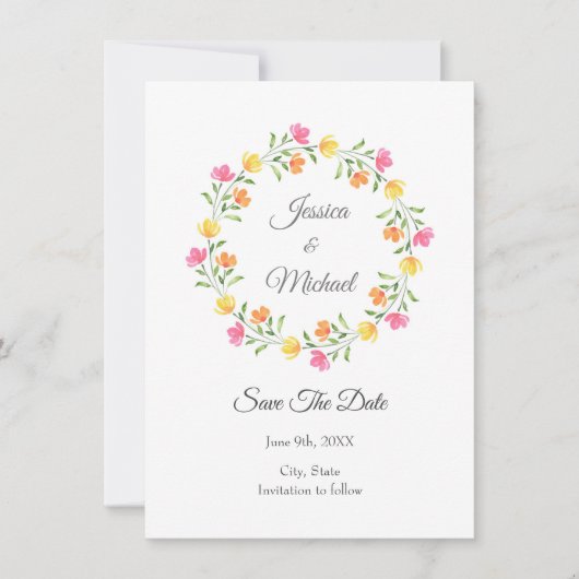 Geel, Oranje, Roze Waterverf Kreukspiegel Save The Date (Voorkant)