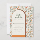 Geel Oranje Rust Groovy Retro Arch Flora Wedding RSVP Kaartje (Voorkant)