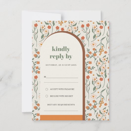 Geel Oranje Rust Groovy Retro Arch Flora Wedding RSVP Kaartje (Voorkant)