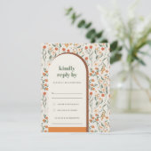 Geel Oranje Rust Groovy Retro Arch Flora Wedding RSVP Kaartje (Staand voorkant)