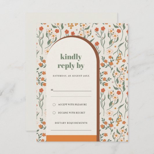 Geel Oranje Rust Groovy Retro Arch Flora Wedding RSVP Kaartje (Voorkant / Achterkant)