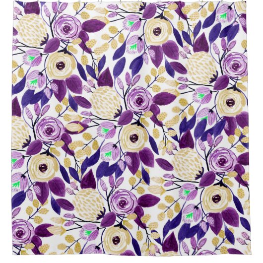 Geel Paars Floral Bouquet Waterverf Patroon Douchegordijn (Voorkant)