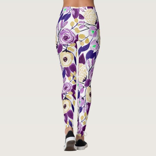 Geel Paars Floral Bouquet Waterverf Patroon Leggings (Achterkant)