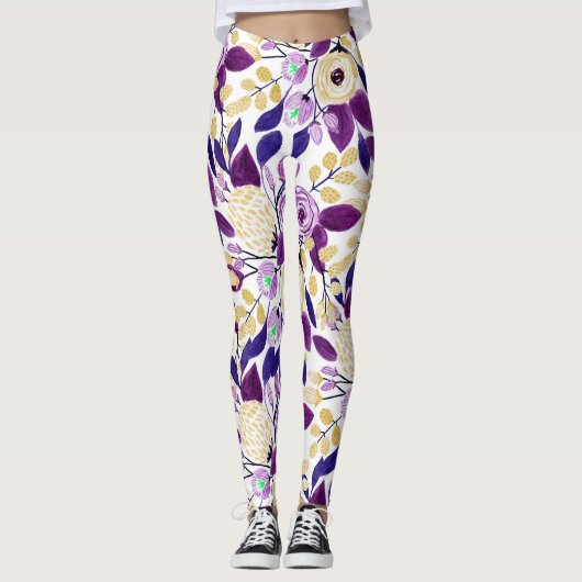 Geel Paars Floral Bouquet Waterverf Patroon Leggings (Voorkant)