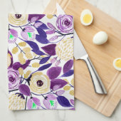 Geel Paars Floral Bouquet Waterverf Patroon Theedoek (Quarter Fold)