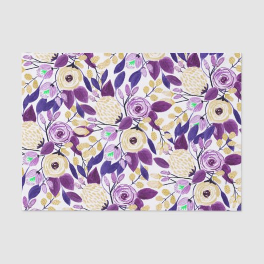 Geel Paars Floral Bouquet Waterverf Patroon Tissuepapier (Voorkant)