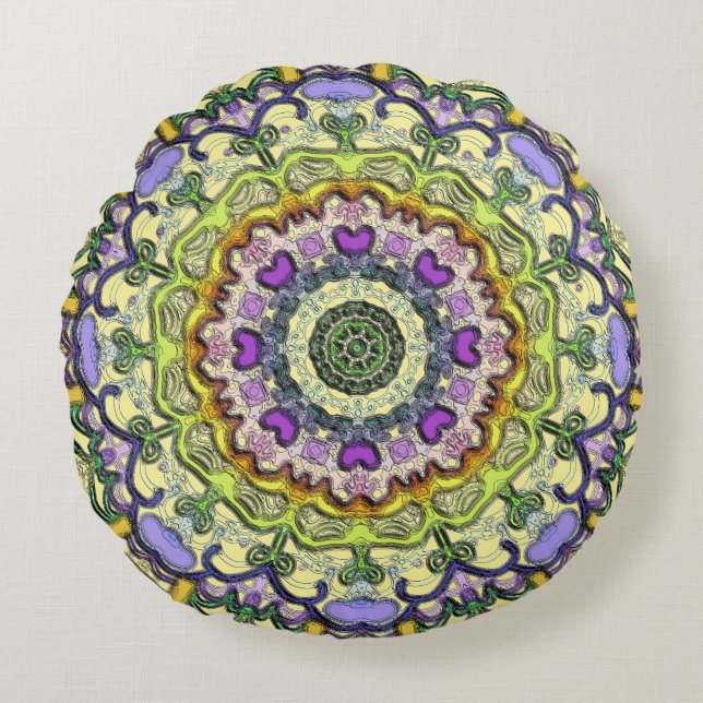Geel Paars Klassiek en traditioneel rondreizend Rond Kussen (Voorkant)