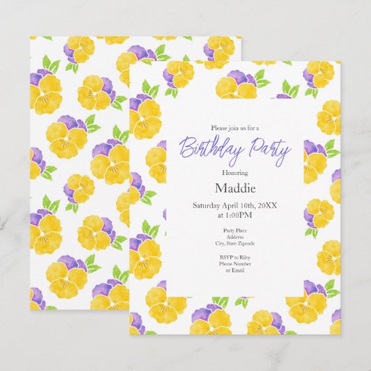 Geel Paars Waterverf Pansy Patroon Kaart (Voorkant / Achterkant)