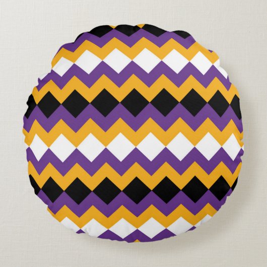 Geel, Paars, Zwart en Wit Zigzag Chevron Rond Kussen (Voorkant)