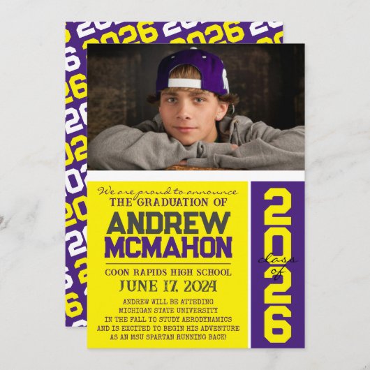 Geel & Paarse Afstuderen Fotoaankondiging Kaart (Voorkant / Achterkant)