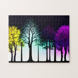 Geel Paarse en Blauw op Zwarte Silhouetbomen Legpuzzel