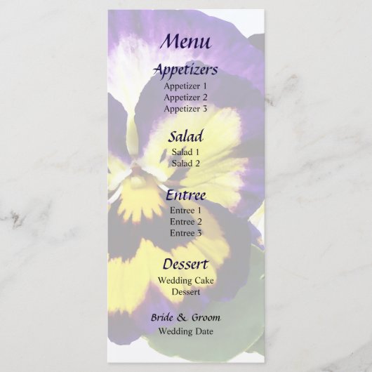 Geel Paarse en Witte Pansies Trouwmenu Menu (Voorkant)