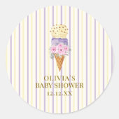 Geel Paarse Flower Scoop Ice Cream Baby shower Ronde Sticker (Voorkant)