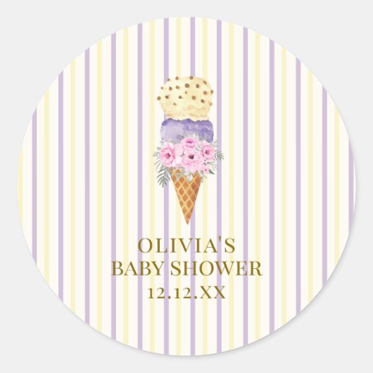 Geel Paarse Flower Scoop Ice Cream Baby shower Ronde Sticker (Voorkant)