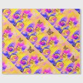 GEEL PAARSE GRILLIGE BLOEMEN, GOUDVLINDERS CADEAUPAPIER (Vlak)