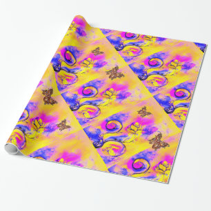 GEEL PAARSE GRILLIGE BLOEMEN, GOUDVLINDERS CADEAUPAPIER