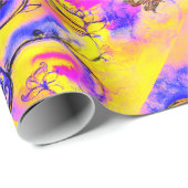 GEEL PAARSE GRILLIGE BLOEMEN, GOUDVLINDERS CADEAUPAPIER (Rol Hoek)