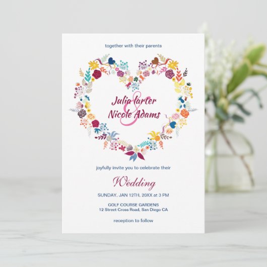 Geel Paarse Groene Lente Bloemen Wrath Bruiloft Kaart (Staand voorkant)