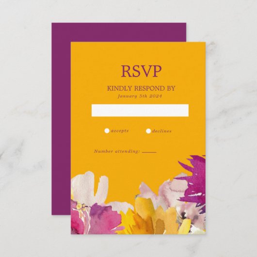 Geel Paarse Levendige Trouwbloemen  RSVP Kaartje (Voorkant / Achterkant)