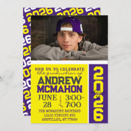 Geel & Paarse Modern Afstuderen Fotouitnodiging Kaart
