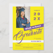 Geel & Paarse moderne foto afstudeerfeest Kaart (Voorkant)