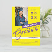 Geel & Paarse moderne foto afstudeerfeest Kaart (Staand voorkant)