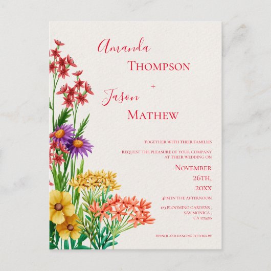 Geel Paarse Sinaasappel Wildflowers Bruiloft Briefkaart (Voorkant)