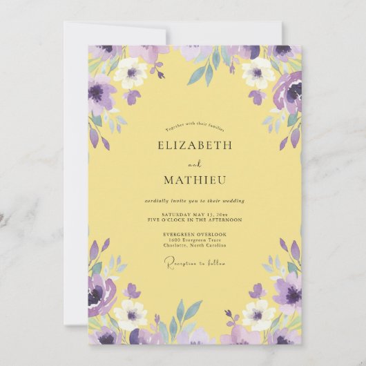 Geel Paarse Wilde Bloemen Bruiloft Kaart (Voorkant)
