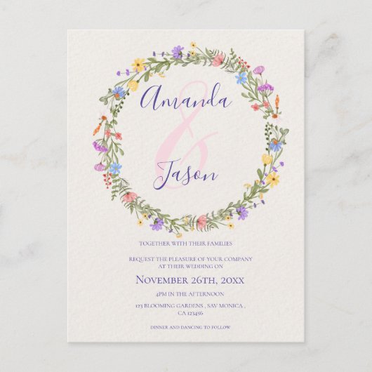  Geel Paarse Wildflower Krans Bruiloft Briefkaart (Voorkant)