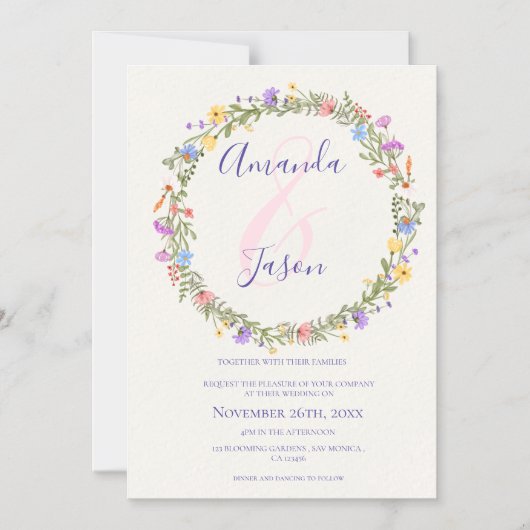 Geel Paarse Wildflower Krans Bruiloft Magnetische Uitnodiging (Voorkant)