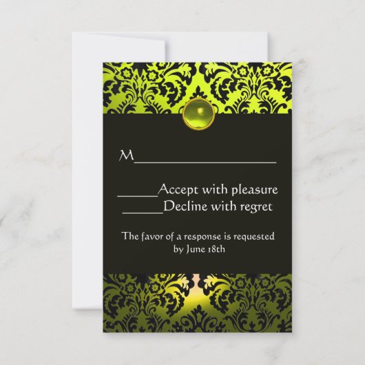 GEEL PAARSE ZWARTE DAMASKMONOGRAM TOPAZ RSVP KAARTJE (Achterkant)