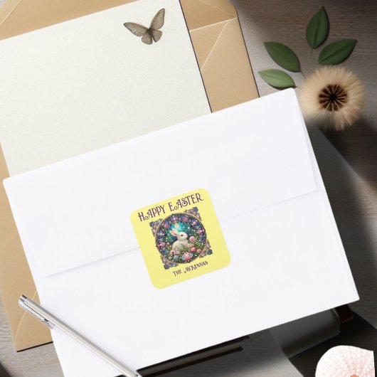 Geel paashaas Art Nouveau Glas in lood Vierkante Sticker