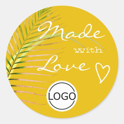 Geel palmblad met Logo Sjabloon Ronde Sticker (Voorkant)