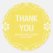 Geel papel picado Bedankt Baby Meisje Douche Ronde Sticker (Voorkant)