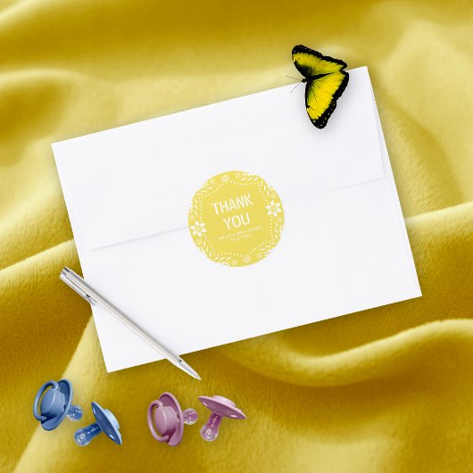 Geel papel picado Bedankt Baby Meisje Douche Ronde Sticker