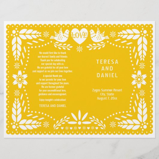 Geel papel Picado bruiloft fidegevouwen programma (Voorkant)