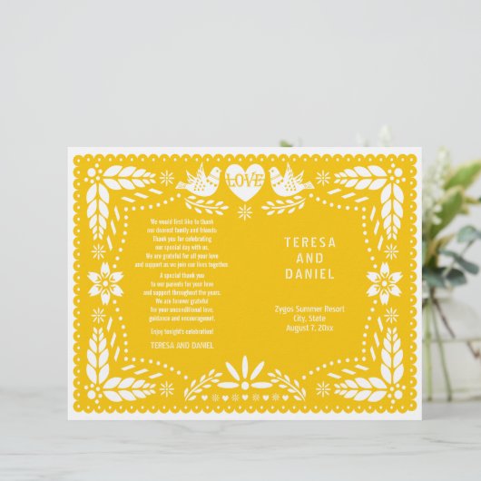 Geel papel Picado bruiloft fidegevouwen programma (Staand voorkant)