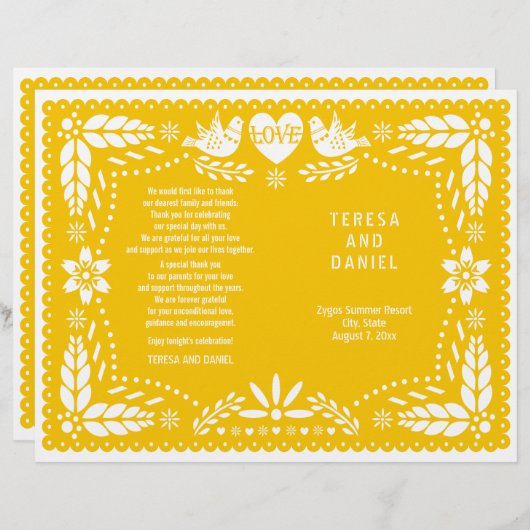 Geel papel Picado bruiloft fidegevouwen programma (Voorkant / Achterkant)