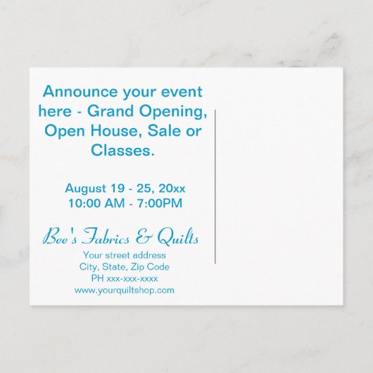 Geel patchwork Quilt Art Store-aankondiging Aankondigingskaart (Achterkant)