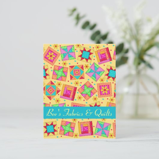 Geel patchwork Quilt Art Store-aankondiging Aankondigingskaart (Staand voorkant)