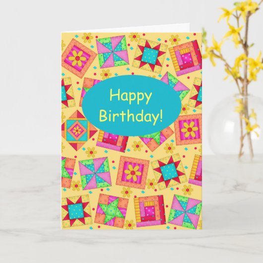 Geel patchwork Quilt Block Art Happy Birthday Kaart (Gele Bloem)