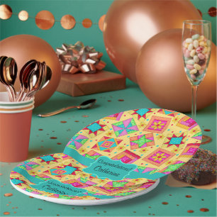 Geel patchwork Quilt Block Name Gefeliciteerd Papieren Bordje